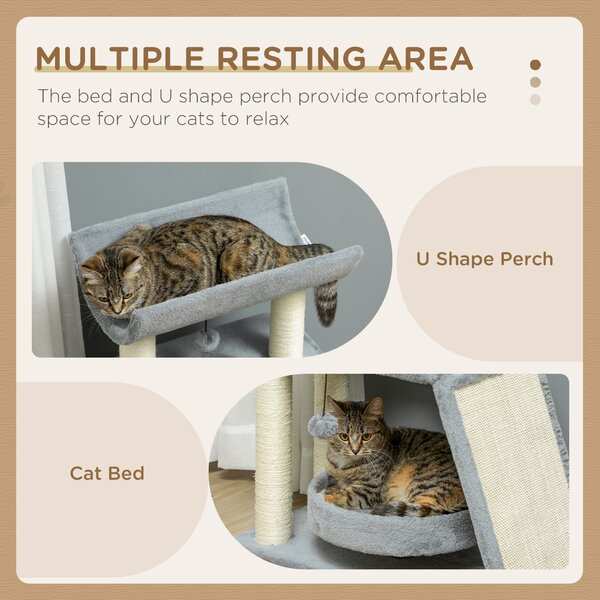 PawHut Cat Tree Tower: Scratching Posts, Cosy Bed & Perch, Interactive Ball Toy for Feline Fun, Light Grey Aosom UK