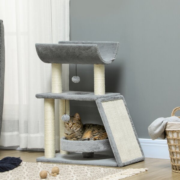PawHut Cat Tree Tower: Scratching Posts, Cosy Bed & Perch, Interactive Ball Toy for Feline Fun, Light Grey Aosom UK