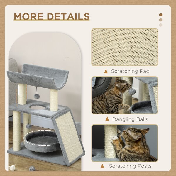 PawHut Cat Tree Tower: Scratching Posts, Cosy Bed & Perch, Interactive Ball Toy for Feline Fun, Light Grey Aosom UK