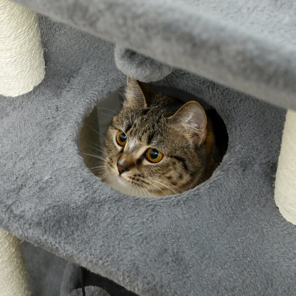 PawHut Cat Tree Tower: Scratching Posts, Cosy Bed & Perch, Interactive Ball Toy for Feline Fun, Light Grey Aosom UK