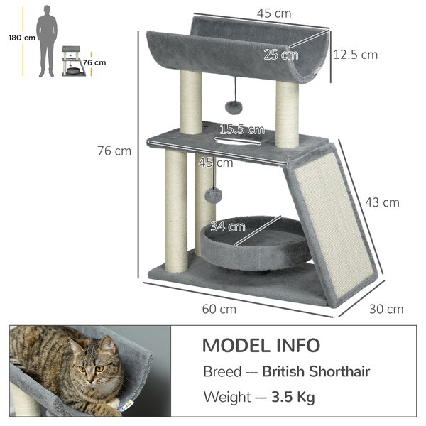 PawHut Cat Tree Tower: Scratching Posts, Cosy Bed & Perch, Interactive Ball Toy for Feline Fun, Light Grey Aosom UK