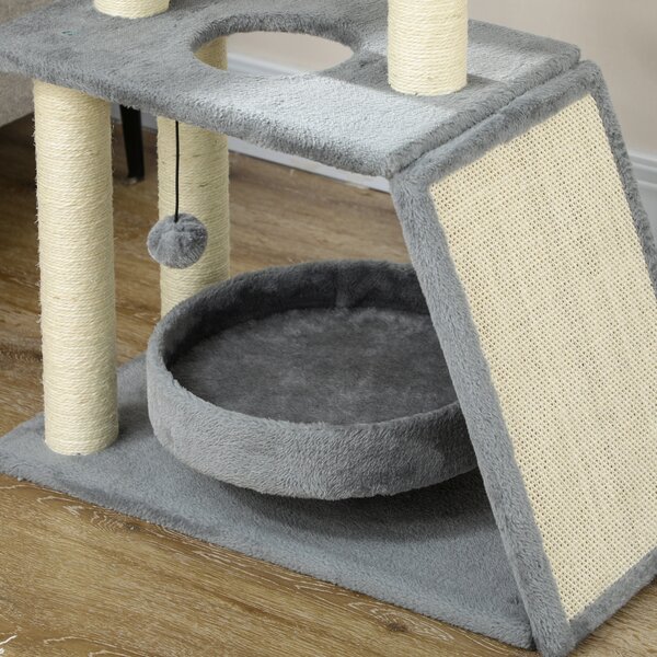 PawHut Cat Tree Tower: Scratching Posts, Cosy Bed & Perch, Interactive Ball Toy for Feline Fun, Light Grey Aosom UK