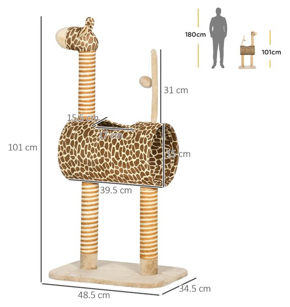PawHut Giraffe Cat Tree, Indoor Play Tower with Scratching Posts, Tunnel, Ball Toy, 48.5 x 34.5 x 101 cm Aosom UK