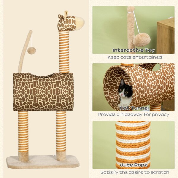 PawHut Giraffe Cat Tree, Indoor Play Tower with Scratching Posts, Tunnel, Ball Toy, 48.5 x 34.5 x 101 cm Aosom UK