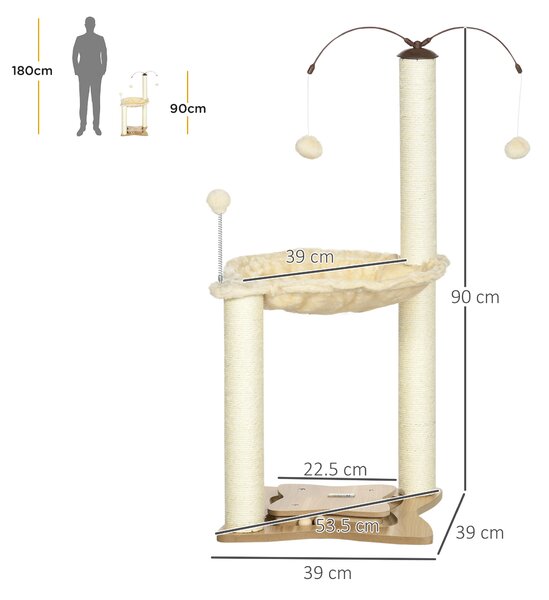 PawHut Cat Tree Indoor Kitten Play Tower, Sisal Scratching Posts with Hammock & Ball Toy, 53.5x53.5x90 cm, Beige Aosom UK