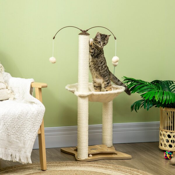 PawHut Cat Tree Indoor Kitten Play Tower, Sisal Scratching Posts with Hammock & Ball Toy, 53.5x53.5x90 cm, Beige Aosom UK