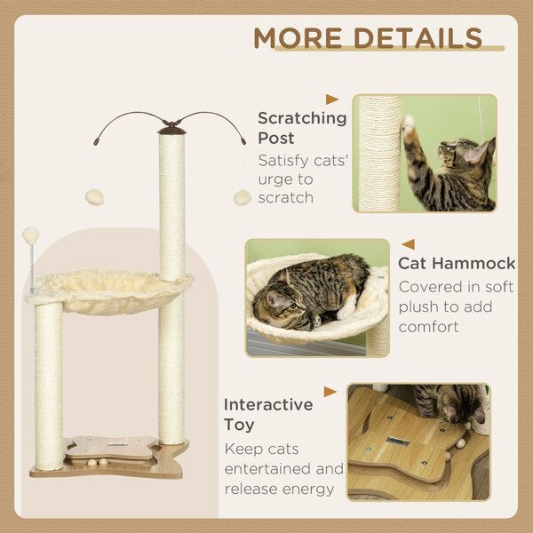 PawHut Cat Tree Indoor Kitten Play Tower, Sisal Scratching Posts with Hammock & Ball Toy, 53.5x53.5x90 cm, Beige Aosom UK
