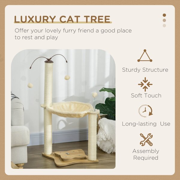PawHut Cat Tree Indoor Kitten Play Tower, Sisal Scratching Posts with Hammock & Ball Toy, 53.5x53.5x90 cm, Beige Aosom UK
