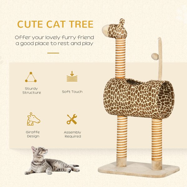PawHut Giraffe Cat Tree, Indoor Play Tower with Scratching Posts, Tunnel, Ball Toy, 48.5 x 34.5 x 101 cm Aosom UK
