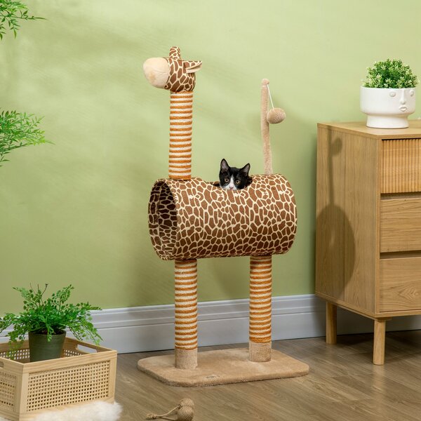 PawHut Giraffe Cat Tree, Indoor Play Tower with Scratching Posts, Tunnel, Ball Toy, 48.5 x 34.5 x 101 cm Aosom UK