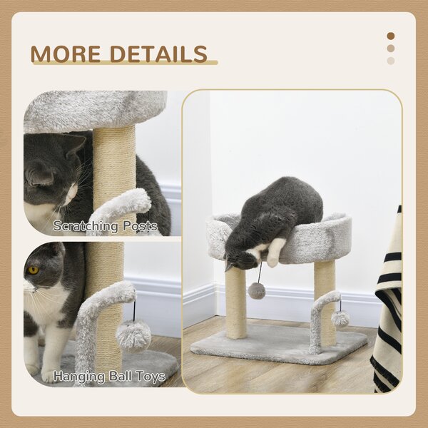 PawHut Indoor Cat Tree: Compact Activity Centre with Sisal Scratching Post & Toy Balls, Light Grey, 42cm Aosom UK