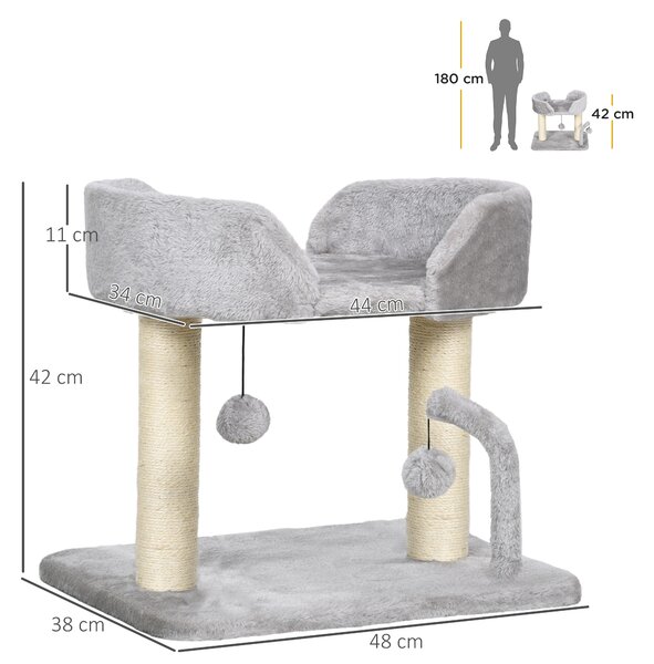 PawHut Indoor Cat Tree: Compact Activity Centre with Sisal Scratching Post & Toy Balls, Light Grey, 42cm Aosom UK