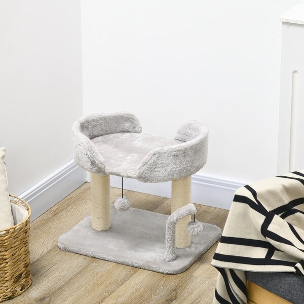 PawHut Indoor Cat Tree: Compact Activity Centre with Sisal Scratching Post & Toy Balls, Light Grey, 42cm Aosom UK