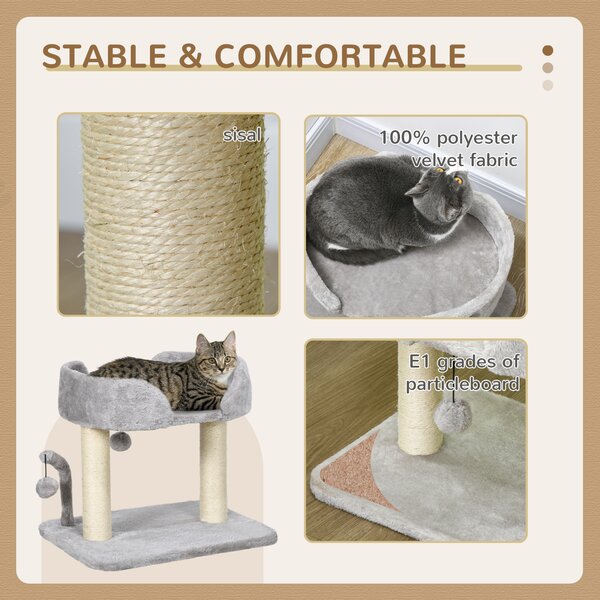 PawHut Indoor Cat Tree: Compact Activity Centre with Sisal Scratching Post & Toy Balls, Light Grey, 42cm Aosom UK