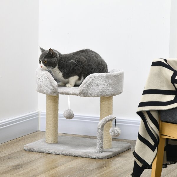 PawHut Indoor Cat Tree: Compact Activity Centre with Sisal Scratching Post & Toy Balls, Light Grey, 42cm Aosom UK