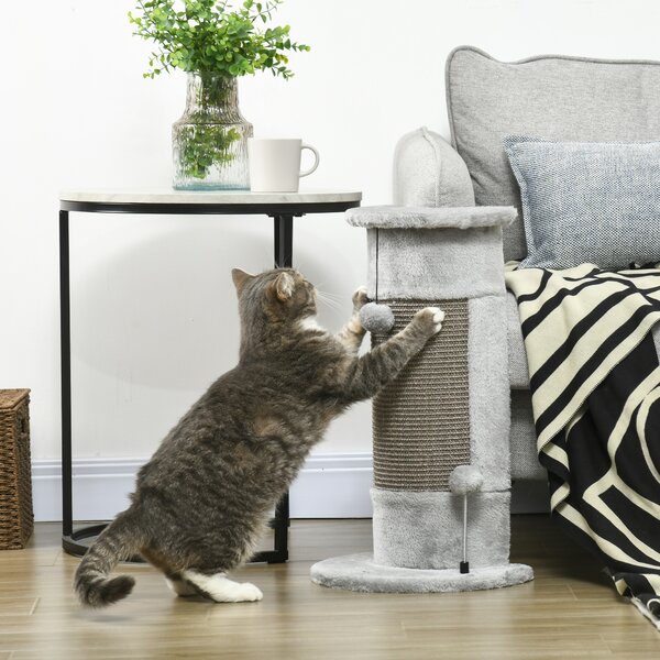 PawHut Corner Wall Cat Scratching Post, 58cm Claw Scratcher with Plush Cover & Sisal Rope, Play Toy Balls, Grey Aosom UK