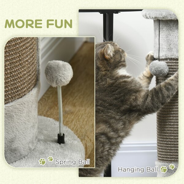 PawHut Corner Wall Cat Scratching Post, 58cm Claw Scratcher with Plush Cover & Sisal Rope, Play Toy Balls, Grey Aosom UK