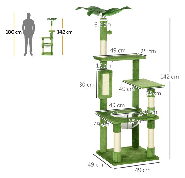 PawHut 142cm Cat Tree Tower, with Scratching Post, Hammock, Toy Ball, Platforms - Green