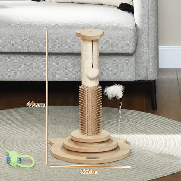 PawHut Scratching Post, 5 in 1 Cat Post with Sisal Post, Track Ball Toy, Self Grooming Brush, Hanging Toy Ball, Feather, Oak Aosom UK