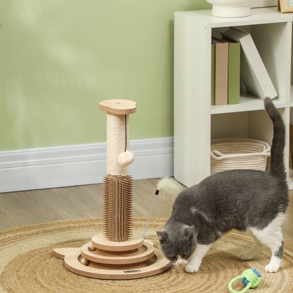 PawHut Scratching Post, 5 in 1 Cat Post with Sisal Post, Track Ball Toy, Self Grooming Brush, Hanging Toy Ball, Feather, Oak Aosom UK