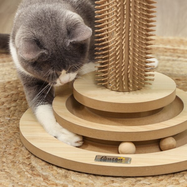 PawHut Scratching Post, 5 in 1 Cat Post with Sisal Post, Track Ball Toy, Self Grooming Brush, Hanging Toy Ball, Feather, Oak Aosom UK