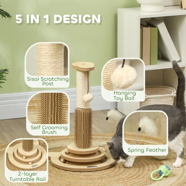 PawHut Scratching Post, 5 in 1 Cat Post with Sisal Post, Track Ball Toy, Self Grooming Brush, Hanging Toy Ball, Feather, Oak Aosom UK