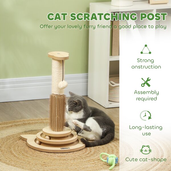 PawHut Scratching Post, 5 in 1 Cat Post with Sisal Post, Track Ball Toy, Self Grooming Brush, Hanging Toy Ball, Feather, Oak Aosom UK