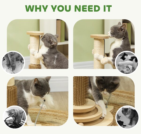 PawHut Scratching Post, 5 in 1 Cat Post with Sisal Post, Track Ball Toy, Self Grooming Brush, Hanging Toy Ball, Feather, Oak Aosom UK