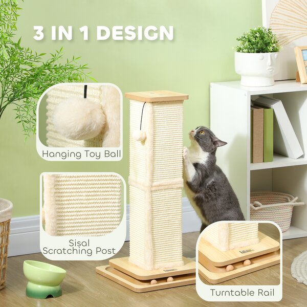 PawHut 3 in 1 Cat Scratching Post, 67cm Cat Scratcher w/ Track Ball Toy, Oak Aosom UK