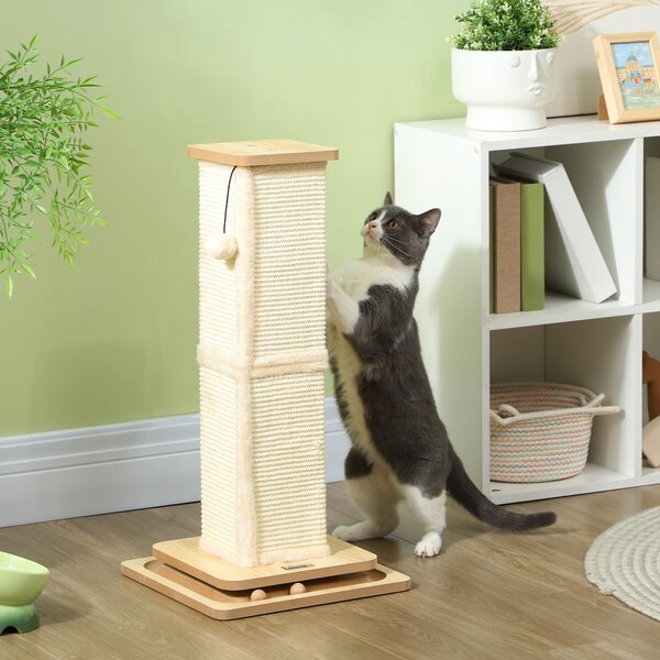 PawHut 3 in 1 Cat Scratching Post, 67cm Cat Scratcher w/ Track Ball Toy, Oak Aosom UK