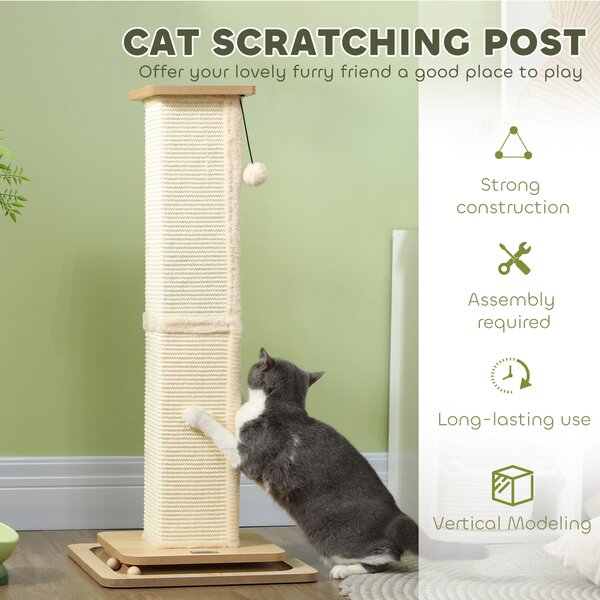 PawHut Scratching Post, 3 in 1 Cat Post with Sisal Post, Track Ball Toy, Self Grooming Brush, Hanging Toy Ball, Feather, Oak Aosom UK