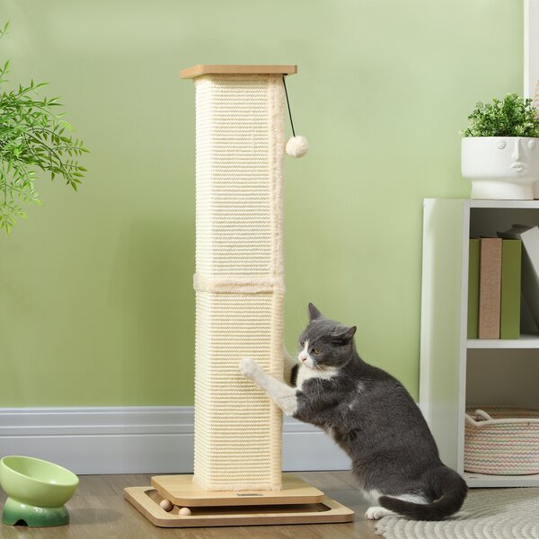 PawHut Scratching Post, 3 in 1 Cat Post with Sisal Post, Track Ball Toy, Self Grooming Brush, Hanging Toy Ball, Feather, Oak Aosom UK