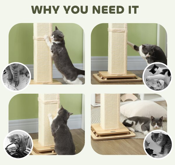 PawHut Scratching Post, 3 in 1 Cat Post with Sisal Post, Track Ball Toy, Self Grooming Brush, Hanging Toy Ball, Feather, Oak Aosom UK