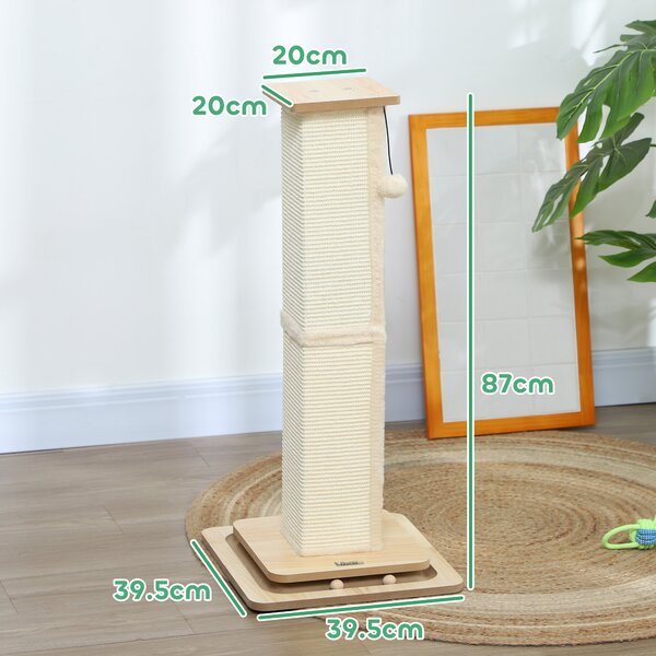 PawHut Scratching Post, 3 in 1 Cat Post with Sisal Post, Track Ball Toy, Self Grooming Brush, Hanging Toy Ball, Feather, Oak Aosom UK