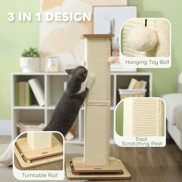 PawHut Scratching Post, 3 in 1 Cat Post with Sisal Post, Track Ball Toy, Self Grooming Brush, Hanging Toy Ball, Feather, Oak Aosom UK