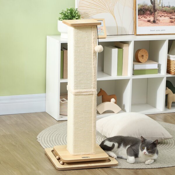 PawHut Scratching Post, 3 in 1 Cat Post with Sisal Post, Track Ball Toy, Self Grooming Brush, Hanging Toy Ball, Feather, Oak Aosom UK