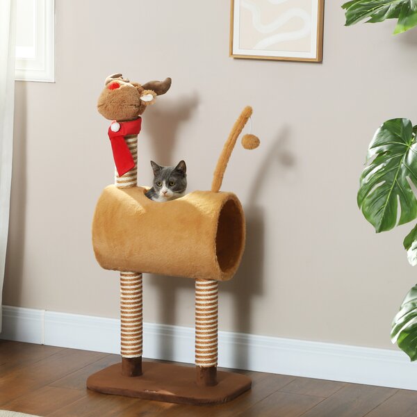 PawHut 98cm Deer Themed Cat Tree with Scratching Posts, Toy Ball, Tunnel, Brown Aosom UK