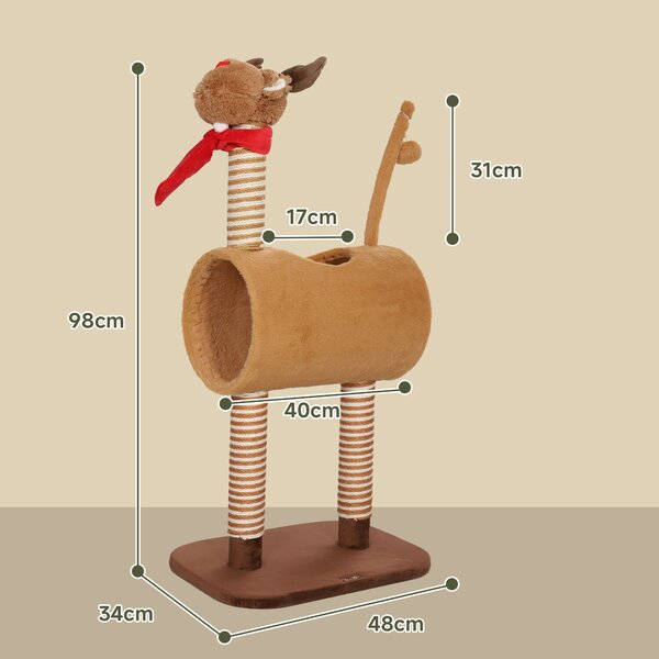PawHut 98cm Deer Themed Cat Tree with Scratching Posts, Toy Ball, Tunnel, Brown Aosom UK