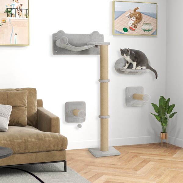 PawHut Cat Shelves w/ Scratching Post, Steps, Jumping Platform, Ladder, Toy Balls, 4 Piece for Indoor Cats, Light Grey Aosom UK