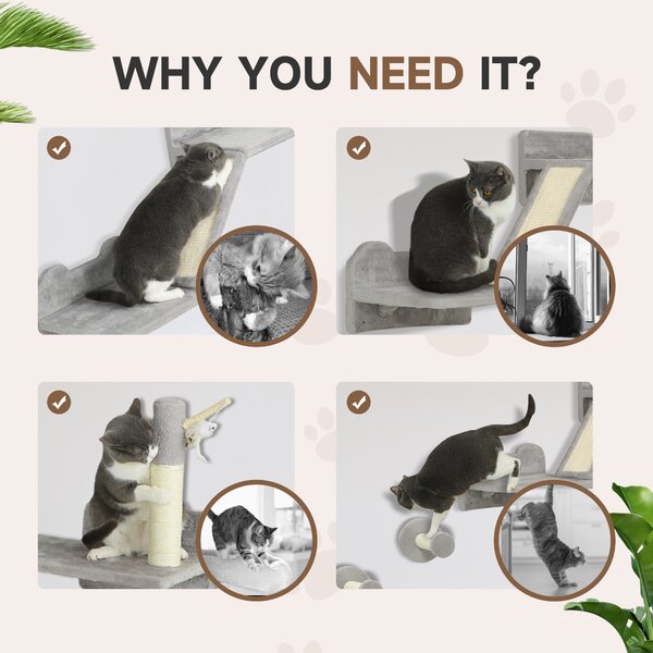 PawHut Cat Shelves with Scratching Posts, Scratching Pads, Perches, Cat Wands, Toy Balls, 3PCs for Indoor Light Grey Aosom UK
