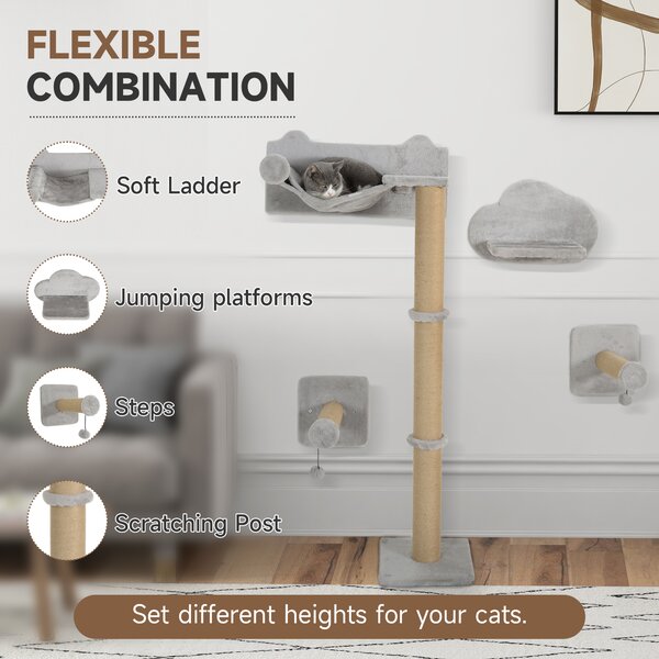 PawHut Cat Shelves w/ Scratching Post, Steps, Jumping Platform, Ladder, Toy Balls, 4 Piece for Indoor Cats, Light Grey Aosom UK