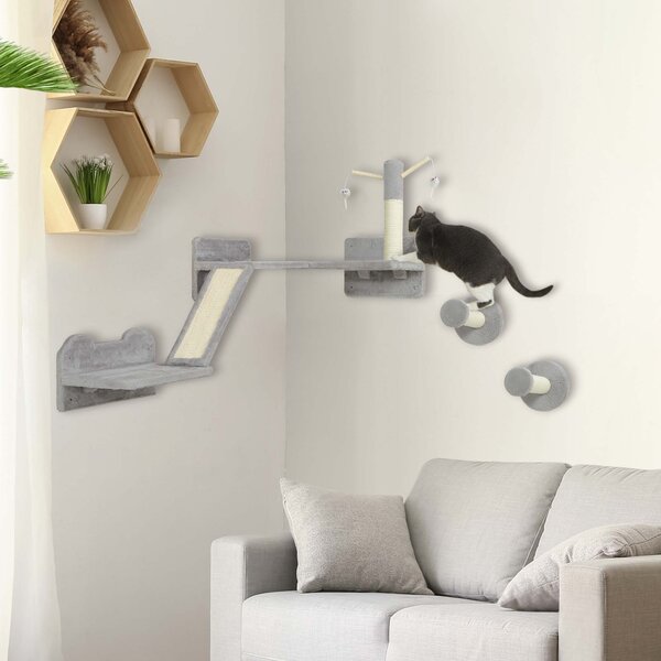 PawHut Cat Shelves with Scratching Posts, Scratching Pads, Perches, Cat Wands, Toy Balls, 3PCs for Indoor Light Grey Aosom UK
