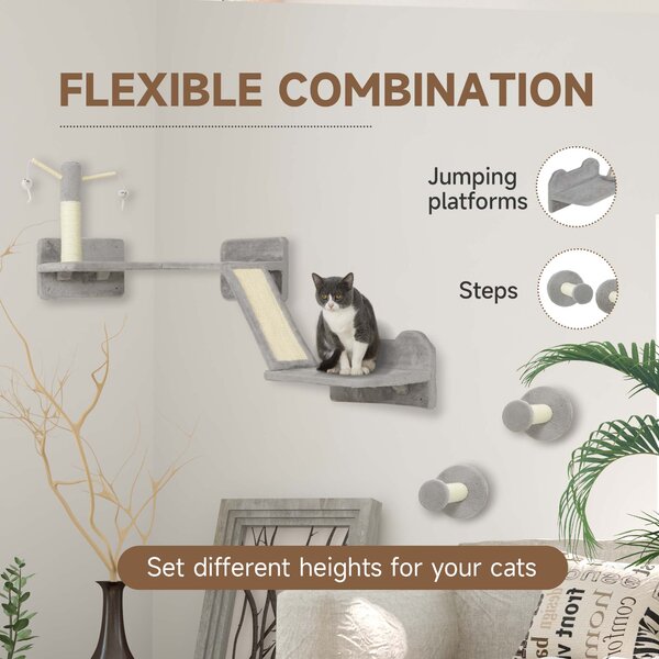PawHut Cat Shelves with Scratching Posts, Scratching Pads, Perches, Cat Wands, Toy Balls, 3PCs for Indoor Light Grey Aosom UK