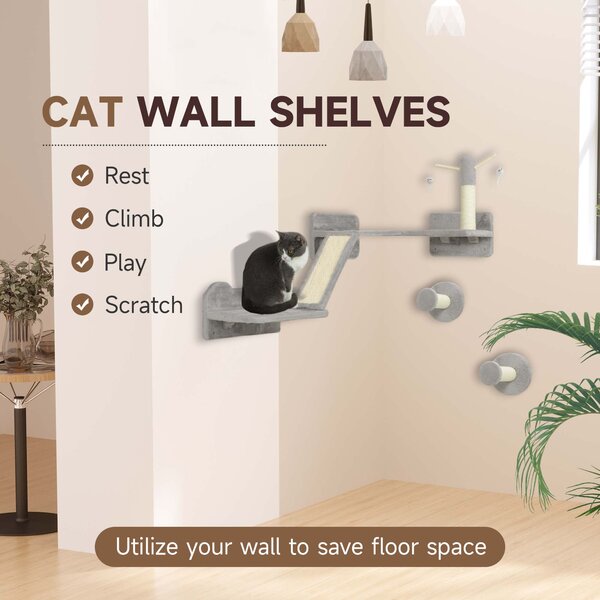 PawHut Cat Shelves with Scratching Posts, Scratching Pads, Perches, Cat Wands, Toy Balls, 3PCs for Indoor Light Grey Aosom UK
