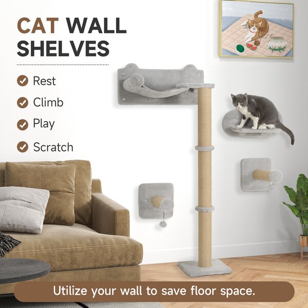 PawHut Cat Shelves w/ Scratching Post, Steps, Jumping Platform, Ladder, Toy Balls, 4 Piece for Indoor Cats, Light Grey Aosom UK