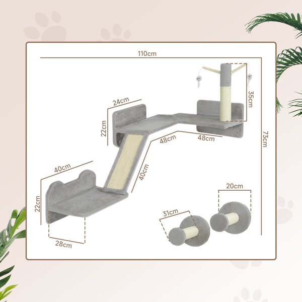 PawHut Cat Shelves with Scratching Posts, Scratching Pads, Perches, Cat Wands, Toy Balls, 3PCs for Indoor Light Grey Aosom UK