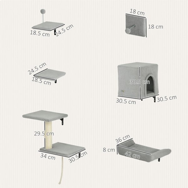 PawHut 6-Piece Cat Wall Shelves Set with Condo, Cat Wall Furniture with Platforms, Sisal Scratching Post, Bed, Toy Ball, Grey