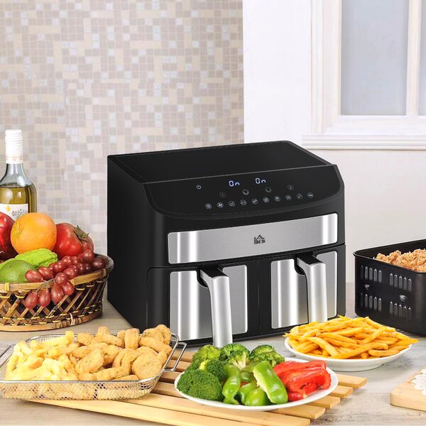 HOMCOM 8L Air Fryer Dual Zone with Presets 10-in-1 Sync Cook Sync Finish 60-Minute Timer Oil Free Low Fat Cooking 2400W Aosom UK