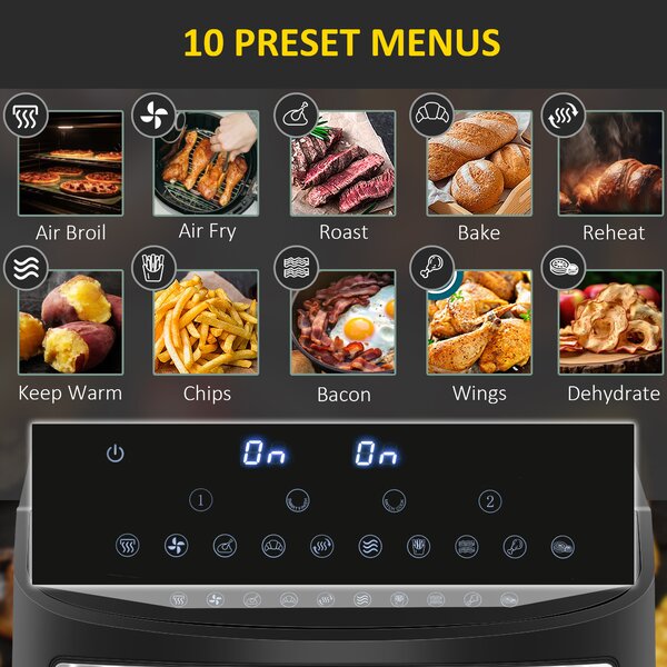 HOMCOM 8L Air Fryer Dual Zone with Presets 10-in-1 Sync Cook Sync Finish 60-Minute Timer Oil Free Low Fat Cooking 2400W Aosom UK