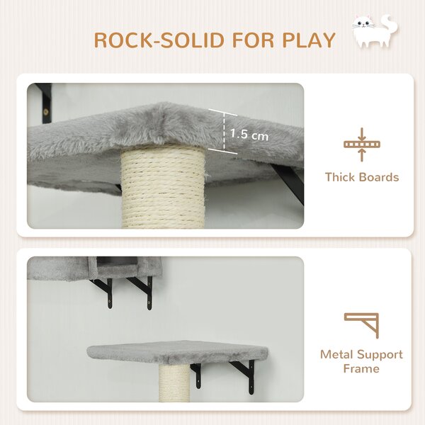PawHut 6-Piece Cat Wall Shelves Set with Condo, Cat Wall Furniture with Platforms, Sisal Scratching Post, Bed, Toy Ball, Grey